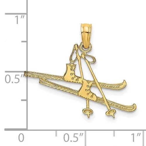 14k Yellow Gold Textured Polished Finish Open Back  Snow Skis, Boots, and Pole Charm Pendant