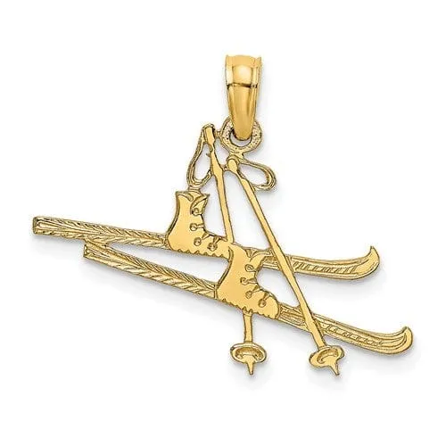 14k Yellow Gold Textured Polished Finish Open Back  Snow Skis, Boots, and Pole Charm Pendant