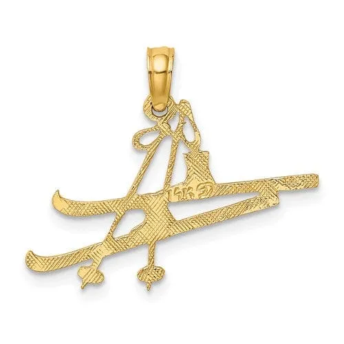 14k Yellow Gold Textured Polished Finish Open Back  Snow Skis, Boots, and Pole Charm Pendant