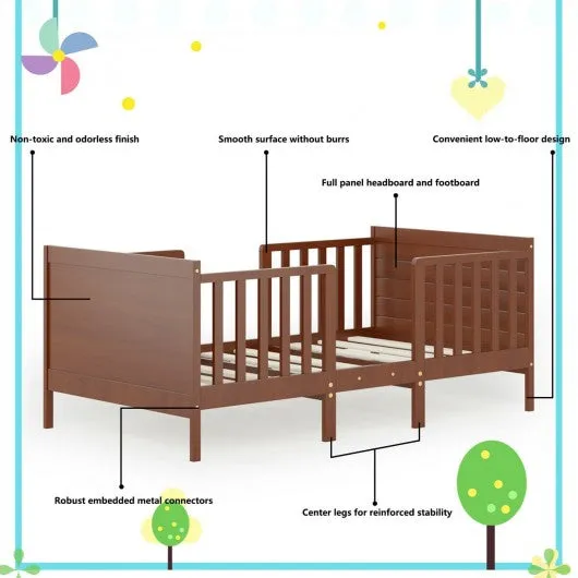 2-in-1 Convertible Kids Wooden Bedroom Furniture with Guardrails-Brown