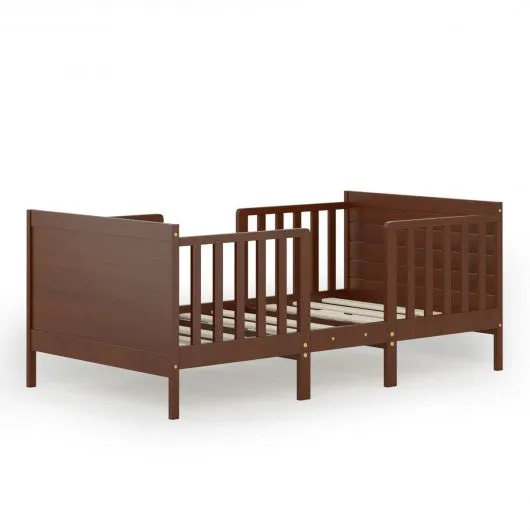 2-in-1 Convertible Kids Wooden Bedroom Furniture with Guardrails-Brown