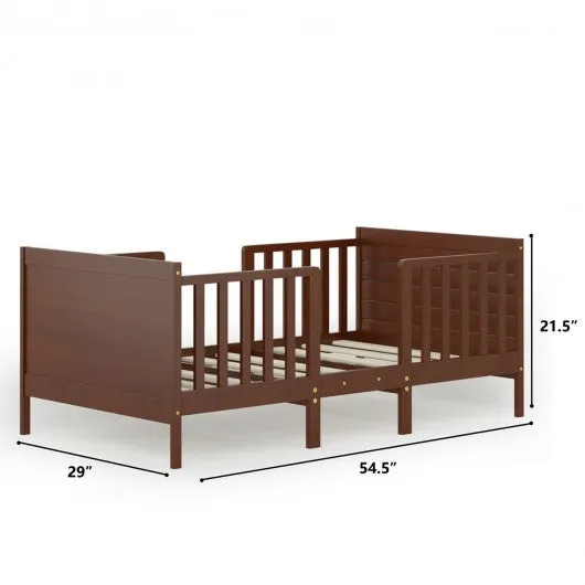 2-in-1 Convertible Kids Wooden Bedroom Furniture with Guardrails-Brown