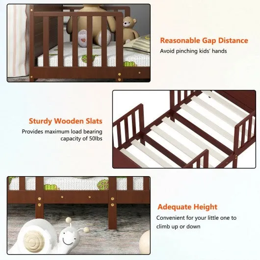 2-in-1 Convertible Kids Wooden Bedroom Furniture with Guardrails-Brown