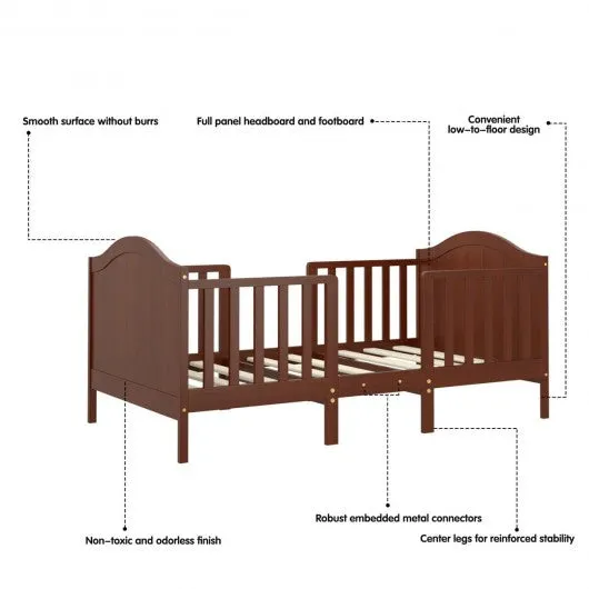 2-in-1 Convertible Wooden Toddler Bed with Guardrails-Brown