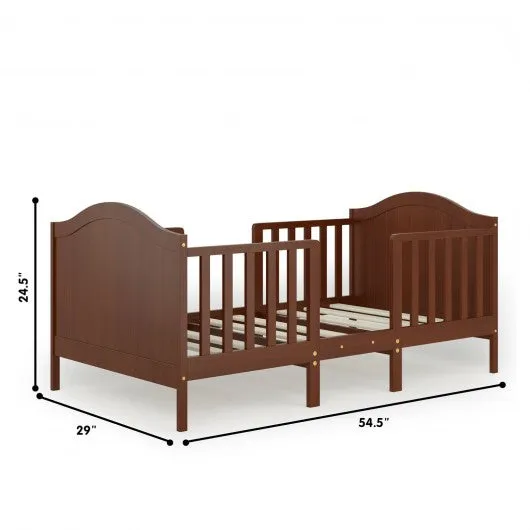 2-in-1 Convertible Wooden Toddler Bed with Guardrails-Brown