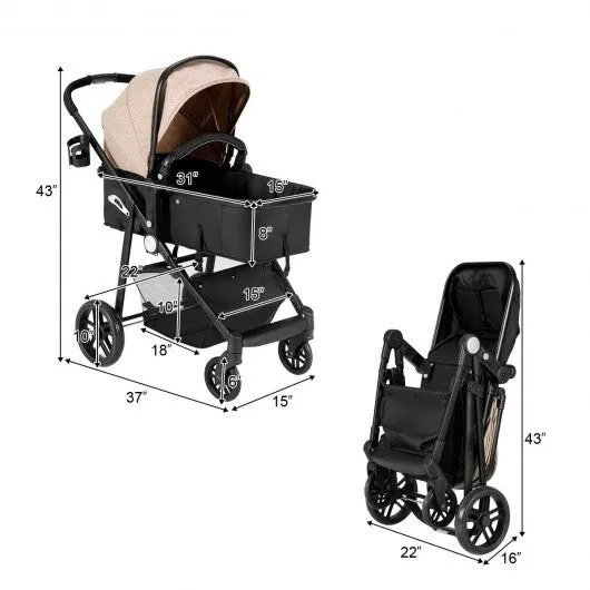 2-in-1 Foldable Pushchair Newborn Infant Baby Stroller-Coffee