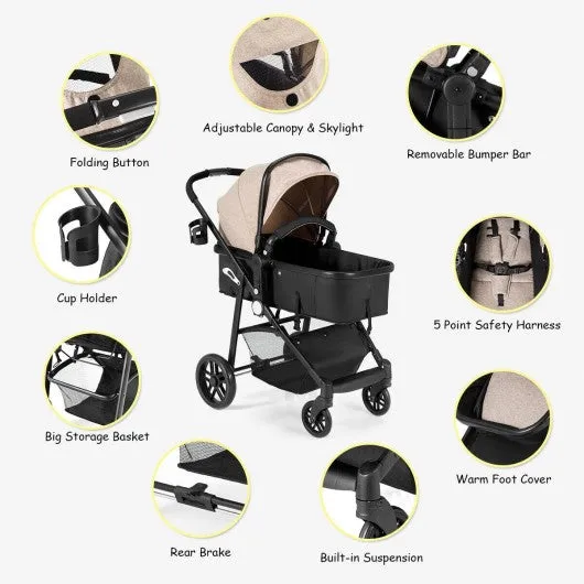 2-in-1 Foldable Pushchair Newborn Infant Baby Stroller-Coffee