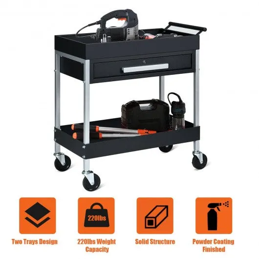 2-Shelf Heavy Duty Tool Cart Service Cart with Lock Drawer & Wheels