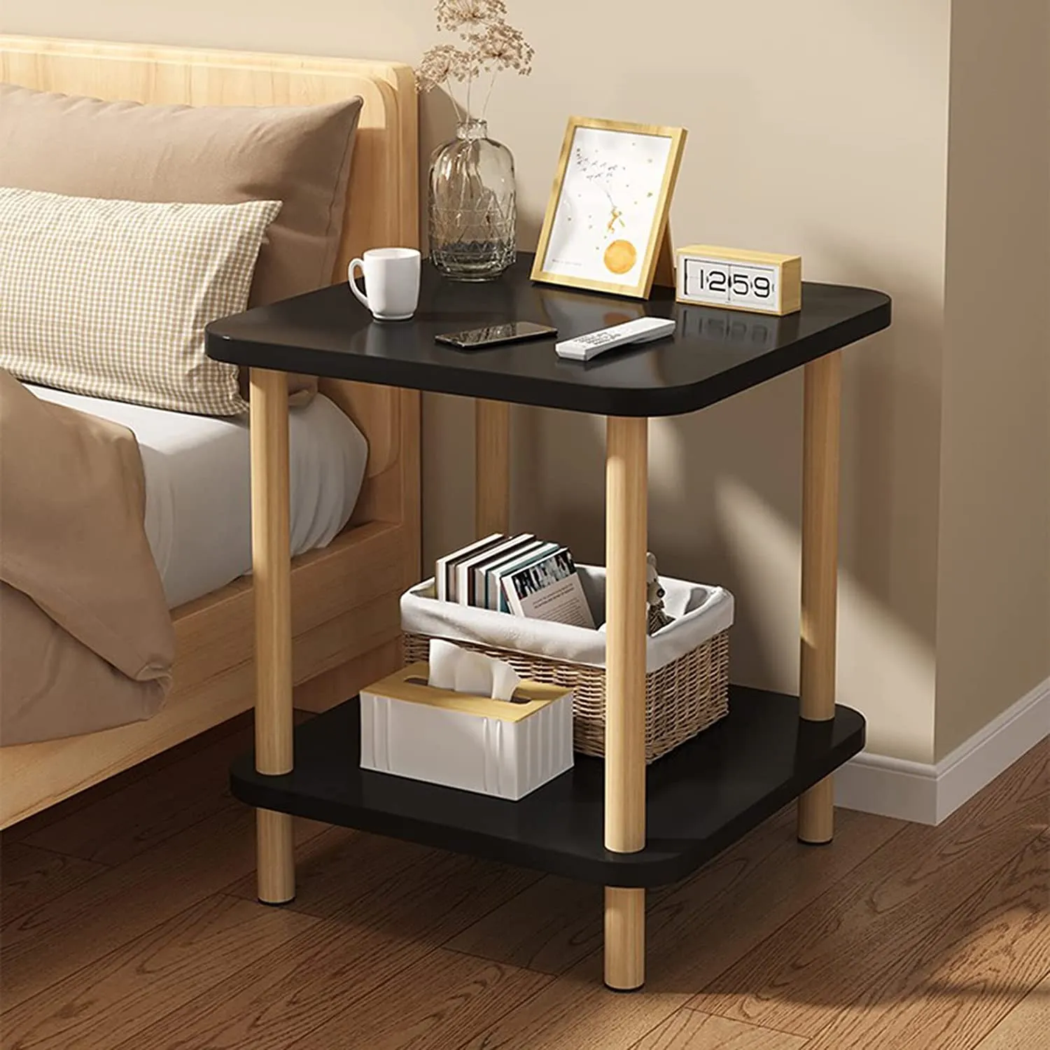 2-Tier Tall Square Wooden Side Table Bedside Table-Black