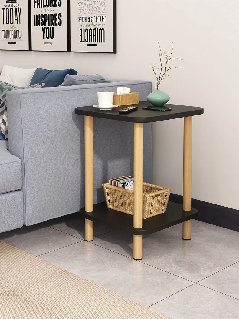 2-Tier Tall Square Wooden Side Table Bedside Table-Black