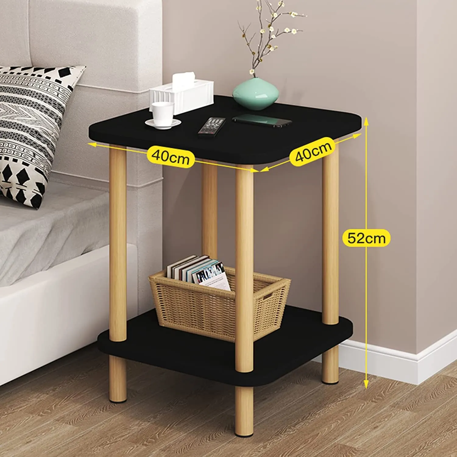 2-Tier Tall Square Wooden Side Table Bedside Table-Black