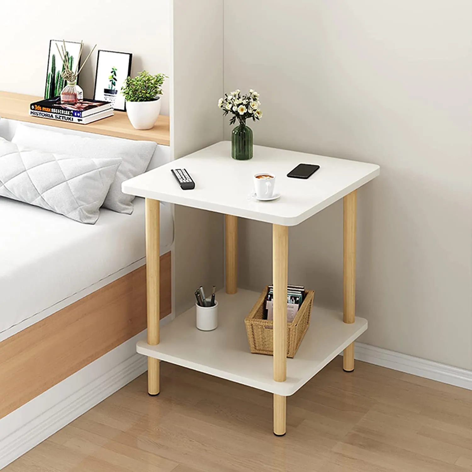 2-Tier Tall Square Wooden Side Table Bedside Table-White