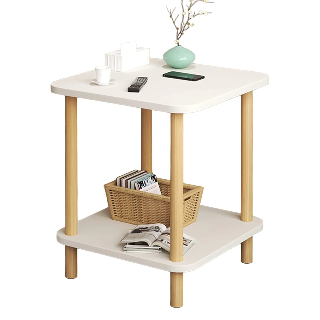 2-Tier Tall Square Wooden Side Table Bedside Table-White