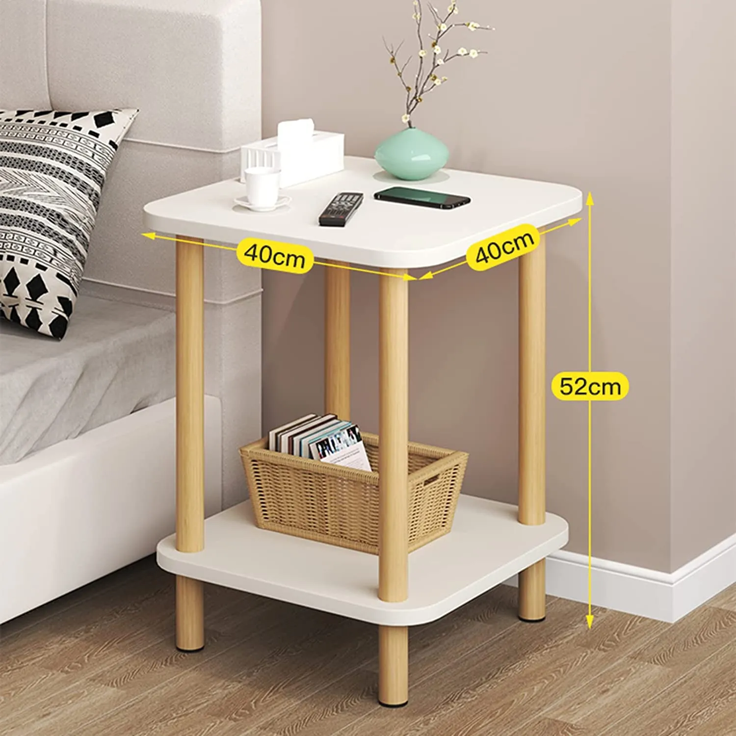 2-Tier Tall Square Wooden Side Table Bedside Table-White