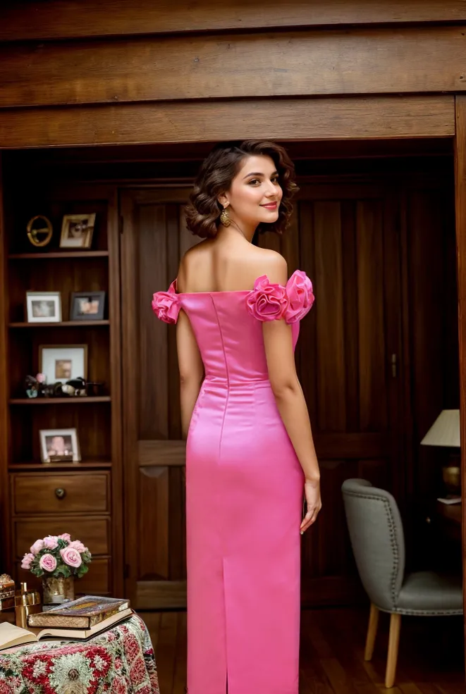 3D floral sleeves Off the shoulder ankle length sheath silky satin prom dress