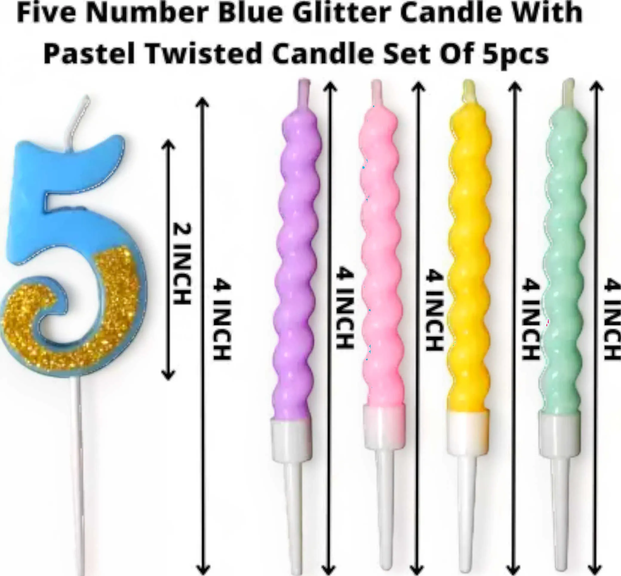 4 Twisted Candles with Glitter Number Candle - Candle Set for Party Cake