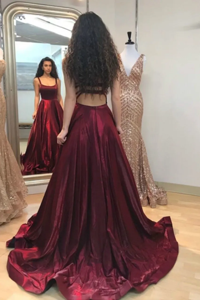 A-line Burgundy Prom Dress with Pockets,Sexy Formal Dress