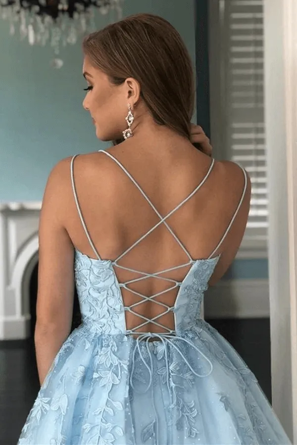 A Line Light Blue Tulle Homecoming Dress With Lace Appliques, Short Prom Dress