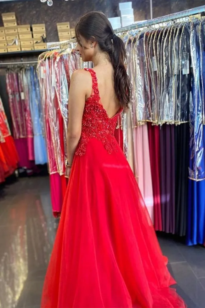 A-Line  V Neck Open Back Red Lace Long Prom Dress, Evening Dress GRD013