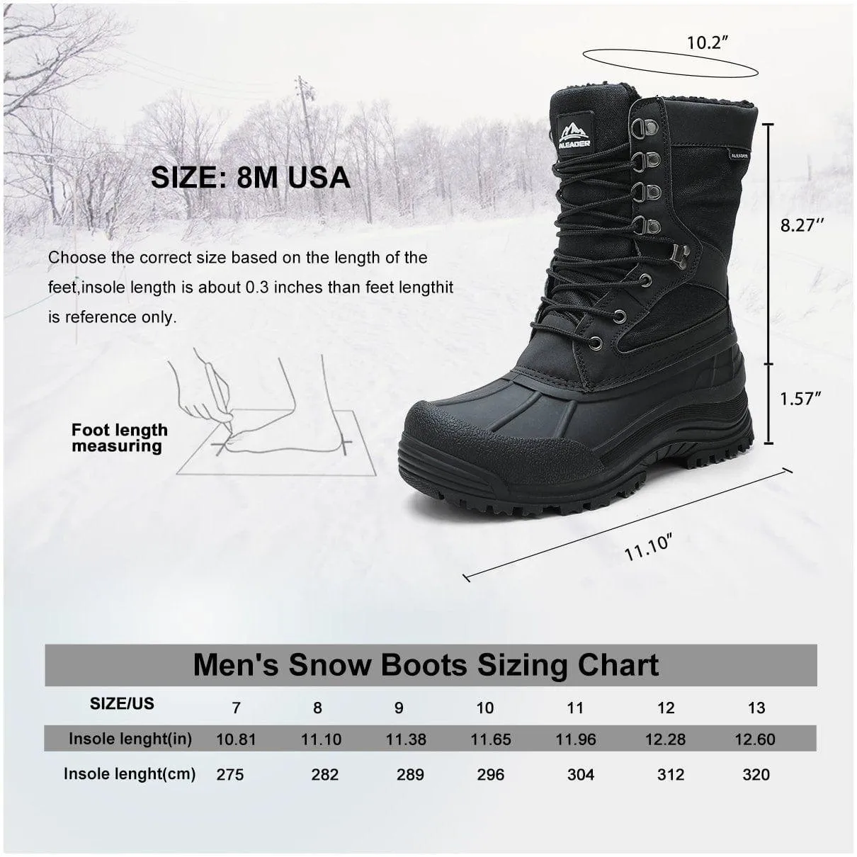 Aleader Men’s Lace up Insulated Waterproof Winter Snow Boots - Black/Pu