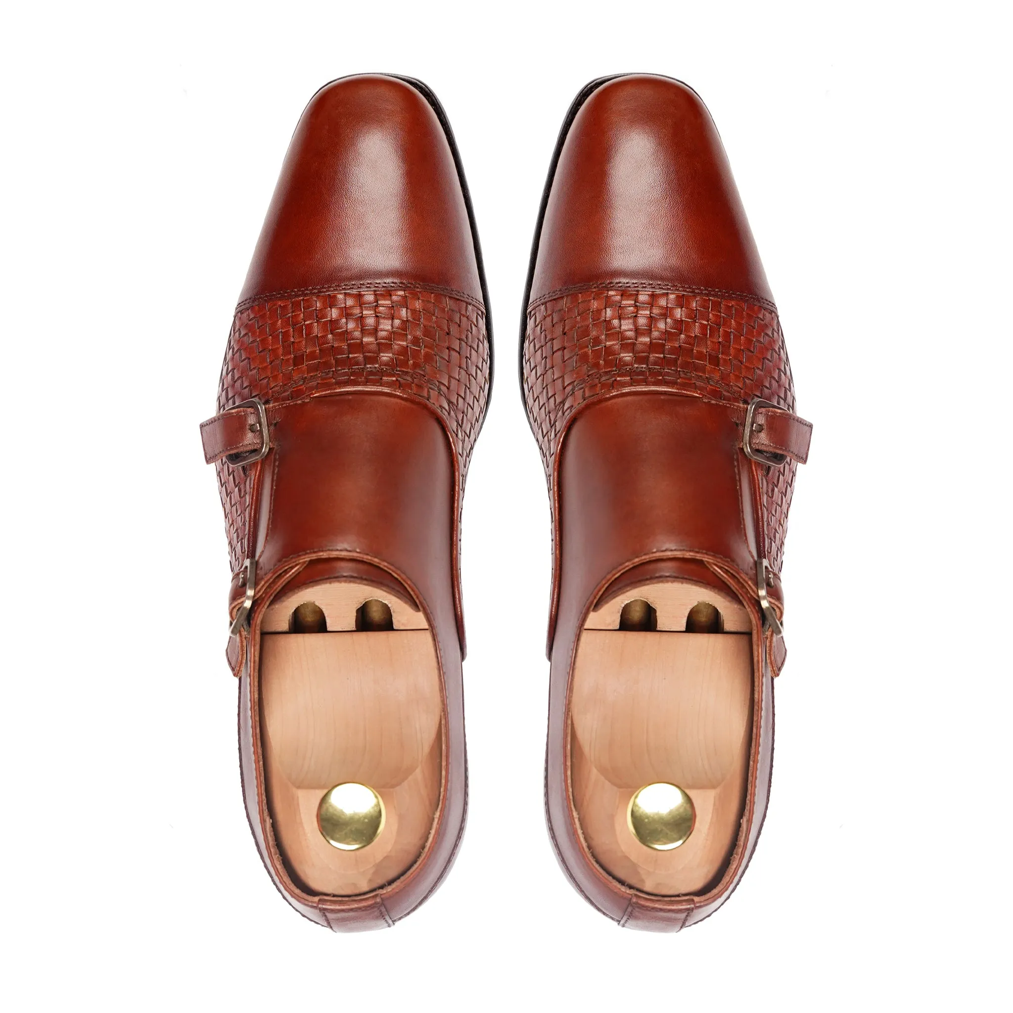 Alingsas - Men's Reddish Brown Hand Woven Calf Leather Double Monkstrap