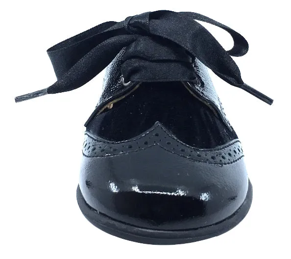 Andanines Boy's and Girl's Ribbon Tie Oxford, Black Patent/Black Velvet