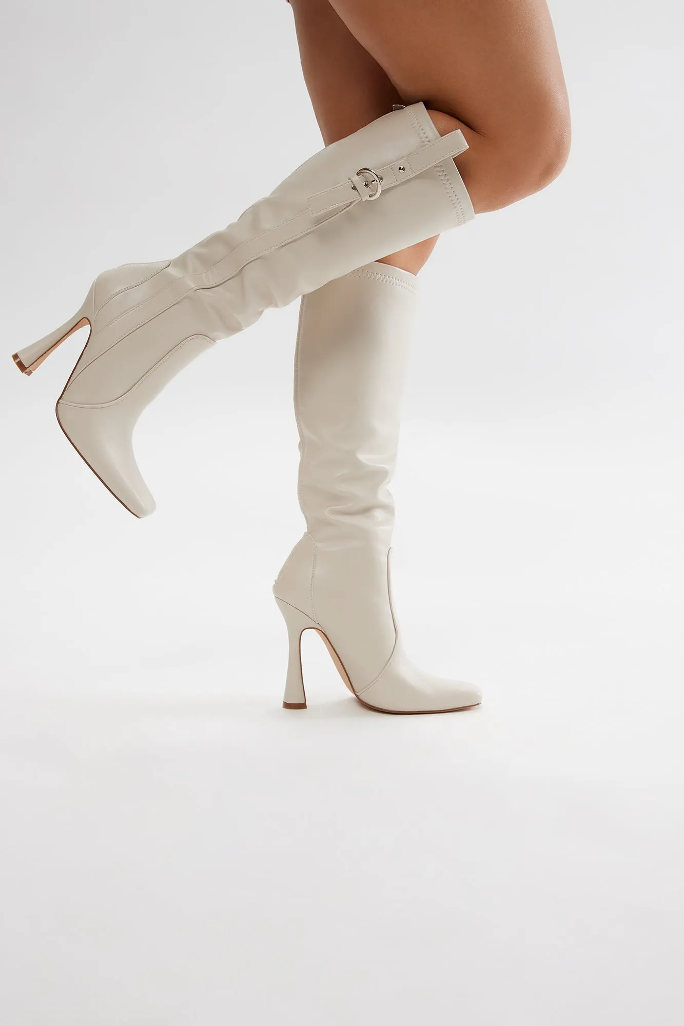 Anika Buckle Knee High Boots - Beige