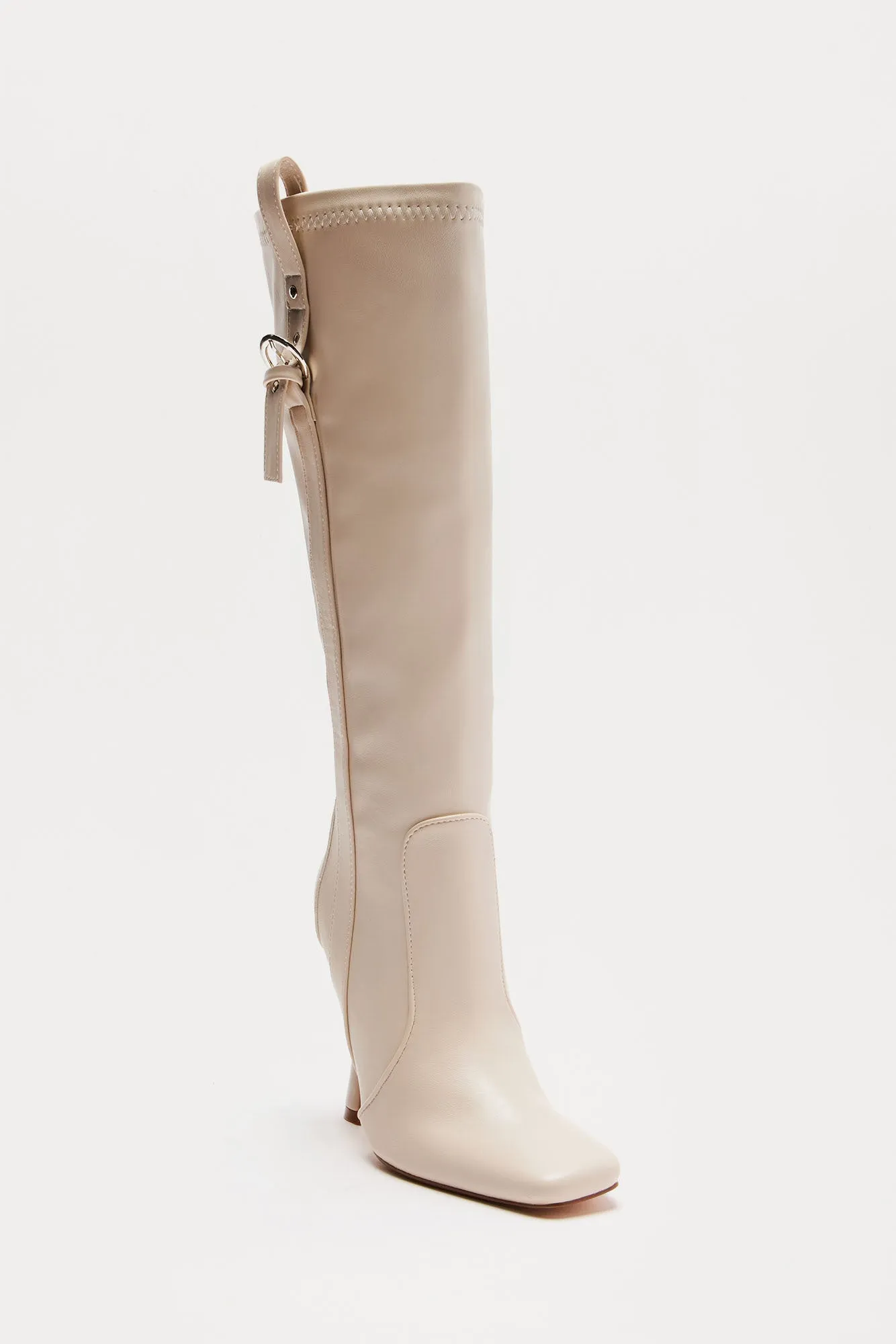 Anika Buckle Knee High Boots - Beige