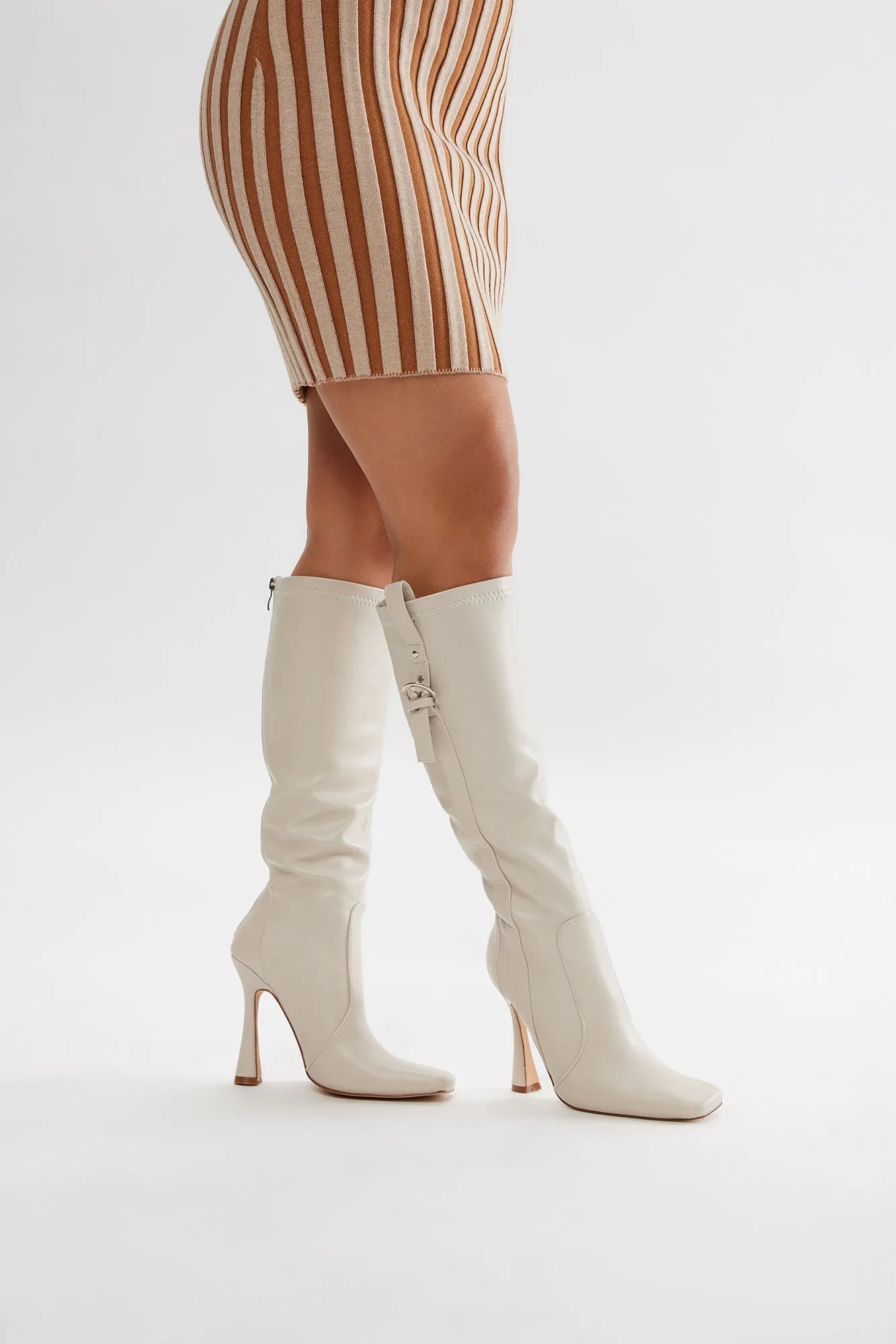 Anika Buckle Knee High Boots - Beige