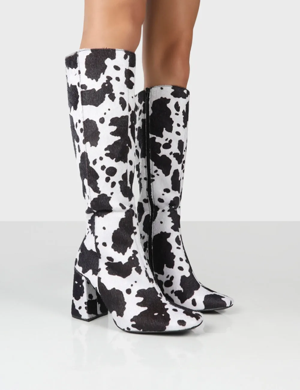 Apology Mono Cow Print Knee High Block Heel Boots