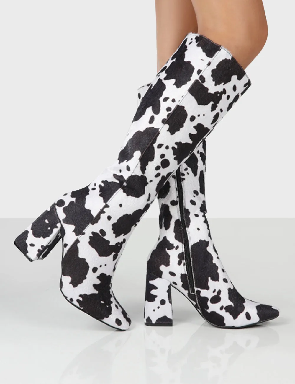 Apology Mono Cow Print Knee High Block Heel Boots