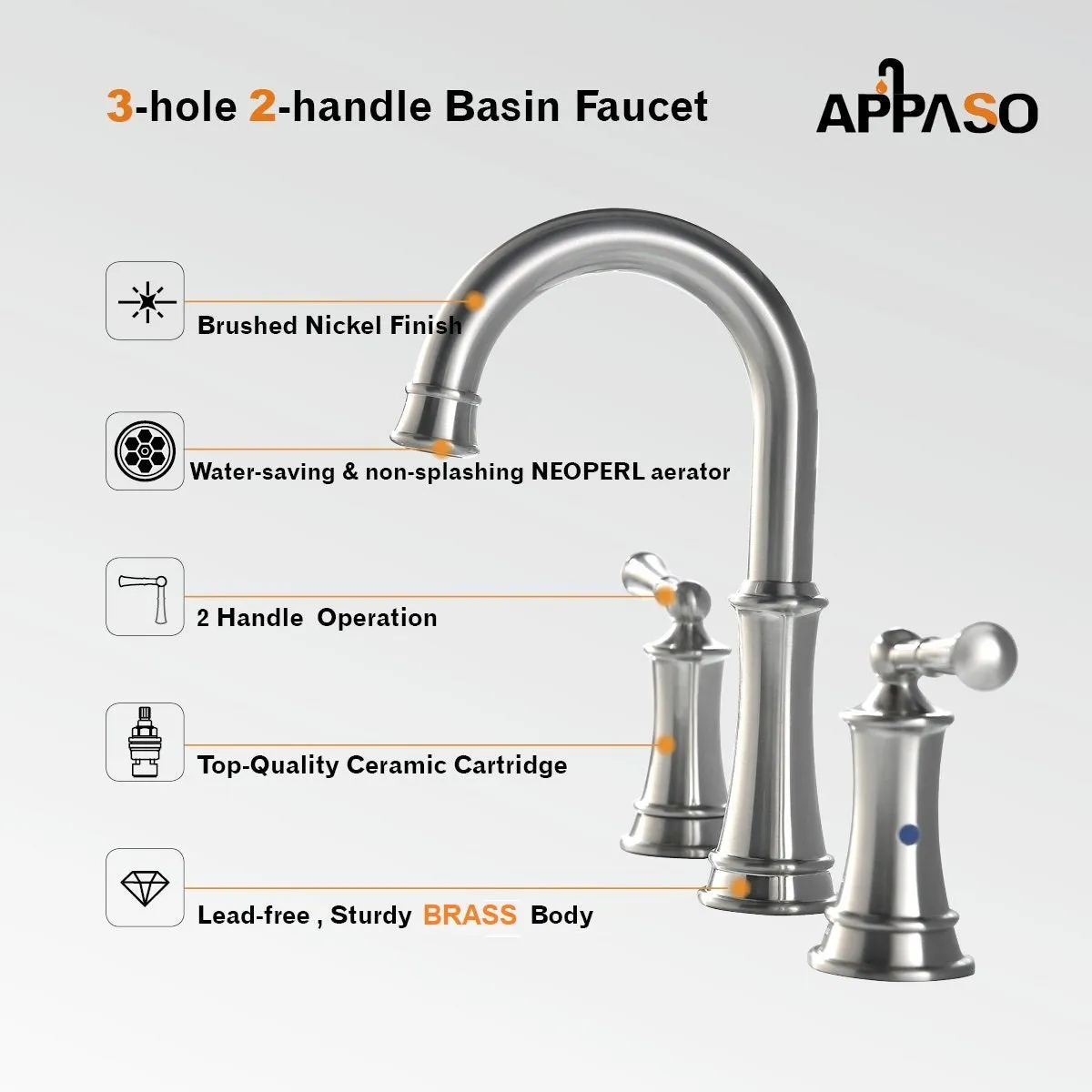 APPASO 3-Hole Bathroom Sink Faucet Solid Brass 2 Handle Lavatory Vessel Faucets Brushed Nickel 122BN