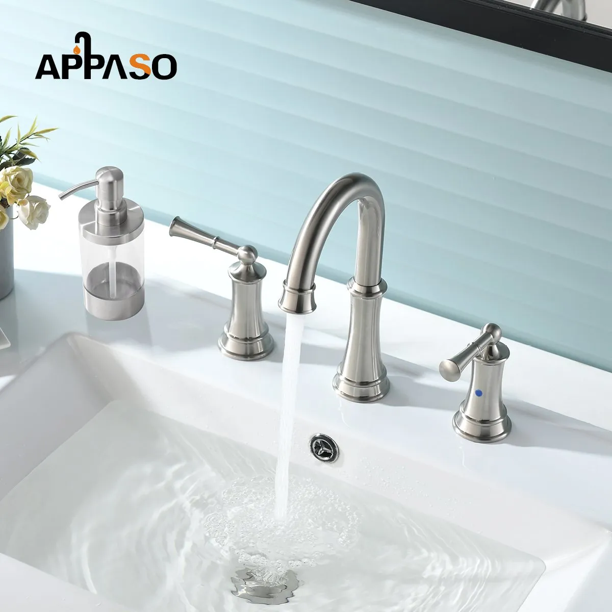 APPASO 3-Hole Bathroom Sink Faucet Solid Brass 2 Handle Lavatory Vessel Faucets Brushed Nickel 122BN