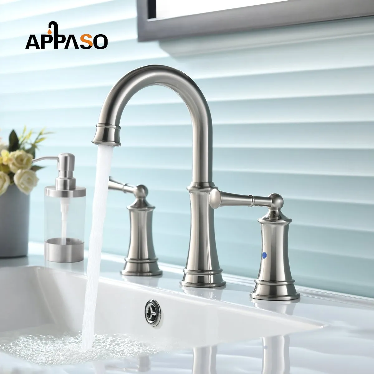 APPASO 3-Hole Bathroom Sink Faucet Solid Brass 2 Handle Lavatory Vessel Faucets Brushed Nickel 122BN