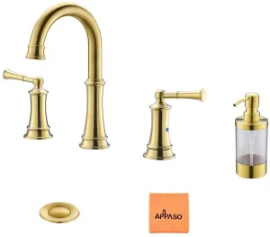 APPASO 3-Hole Bathroom Sink Faucet with Pop Up Drain Assembly and Soap Dispenser Gold 122BTG