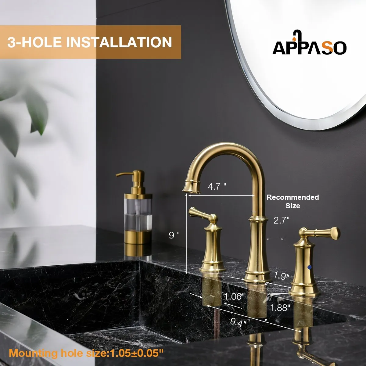 APPASO 3-Hole Bathroom Sink Faucet with Pop Up Drain Assembly and Soap Dispenser Gold 122BTG