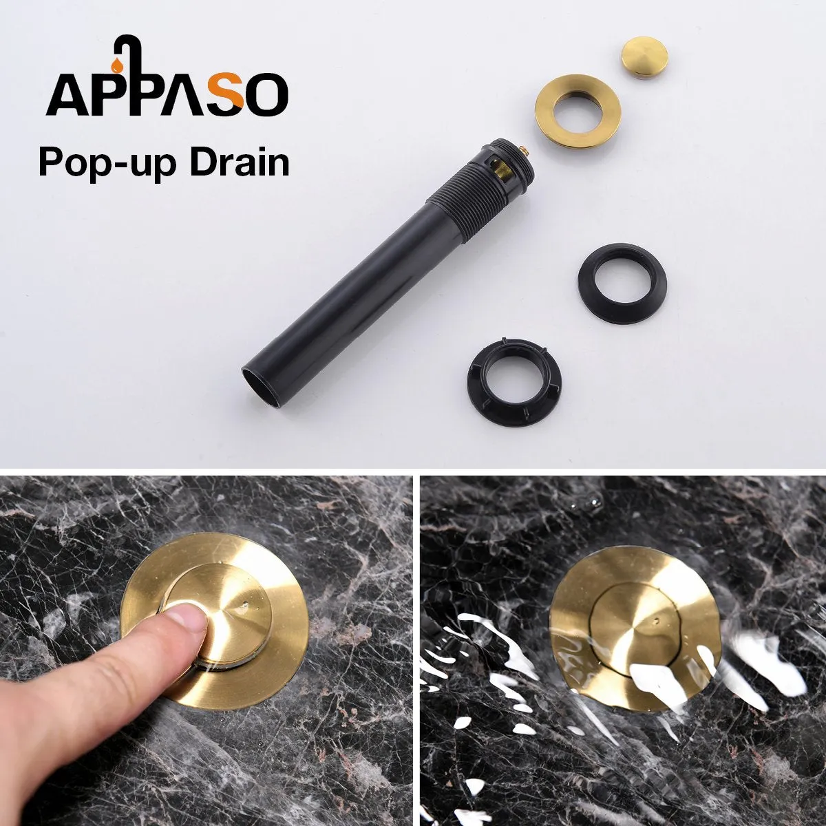 APPASO 3-Hole Bathroom Sink Faucet with Pop Up Drain Assembly and Soap Dispenser Gold 122BTG