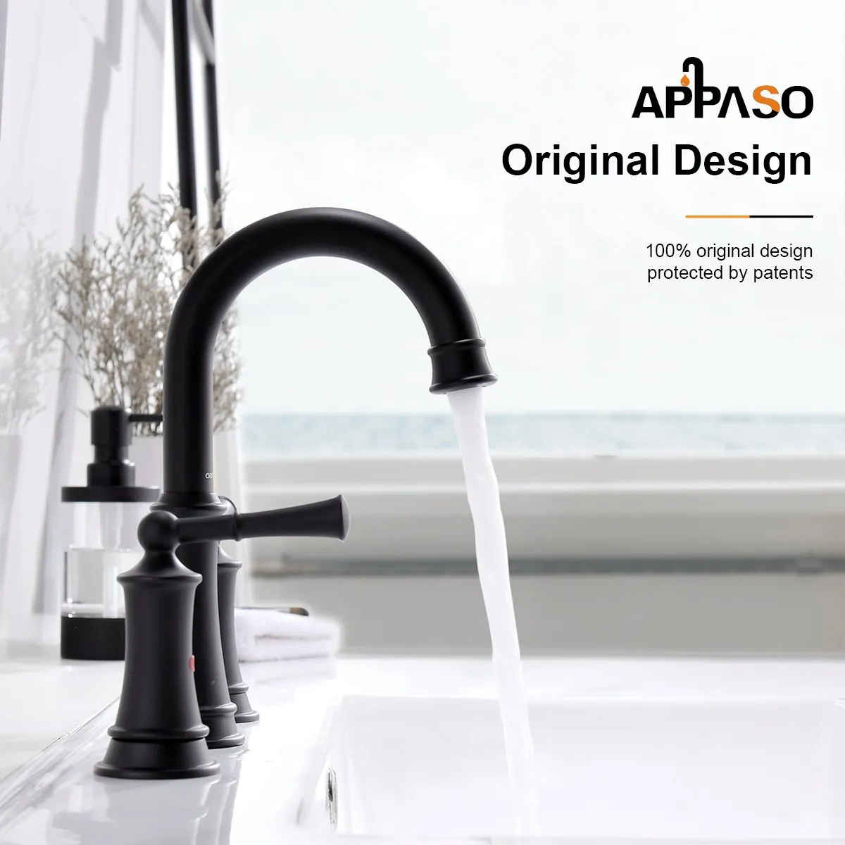 APPASO 3-Hole Bathroom Sink Faucet With Soap Dispenser Matte Black 122MB