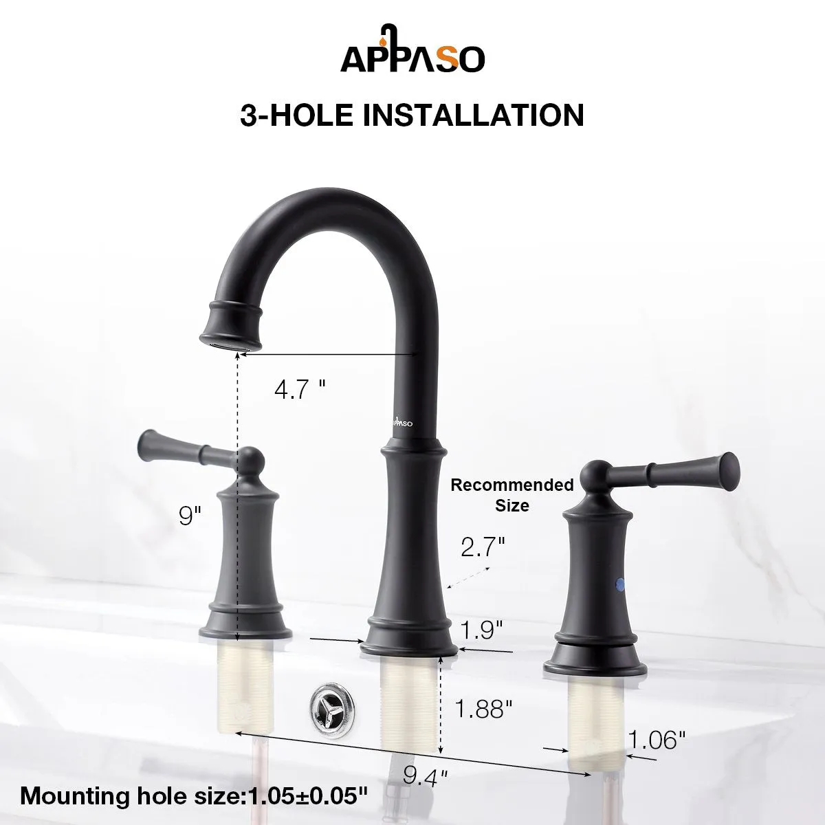 APPASO 3-Hole Bathroom Sink Faucet With Soap Dispenser Matte Black 122MB