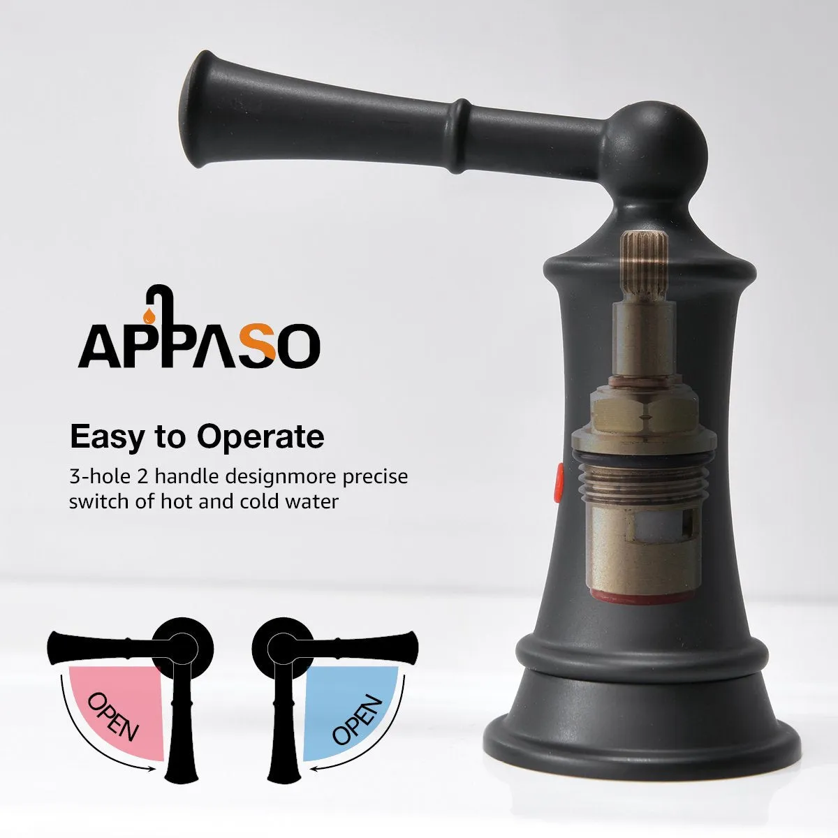 APPASO 3-Hole Bathroom Sink Faucet With Soap Dispenser Matte Black 122MB