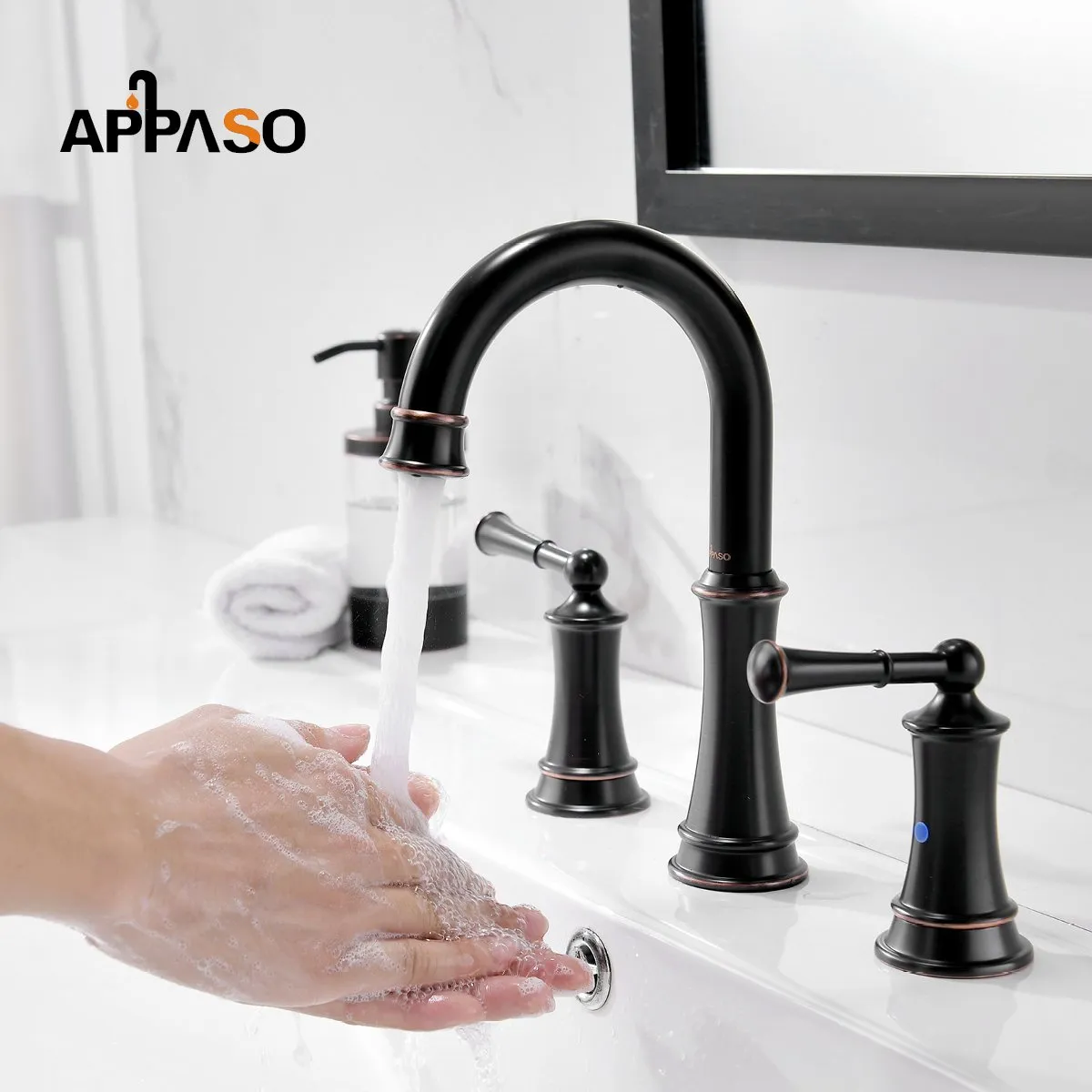 APPASO Solid Brass 2 Handle Lavatory Vessel Faucets with Pop Up Drain Assembly and Soap Dispenser Oil Rubbed Bronze 122ORB