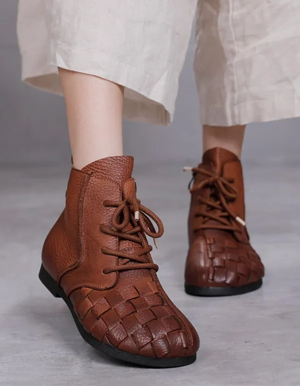 Autumn winter Handmade Retro Leather Woven Ankle Boots