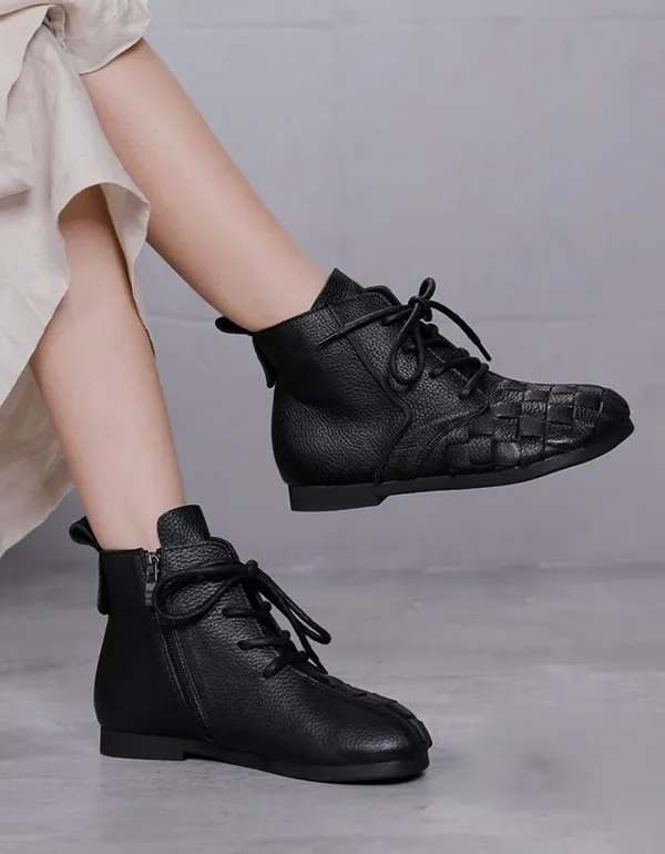 Autumn winter Handmade Retro Leather Woven Ankle Boots