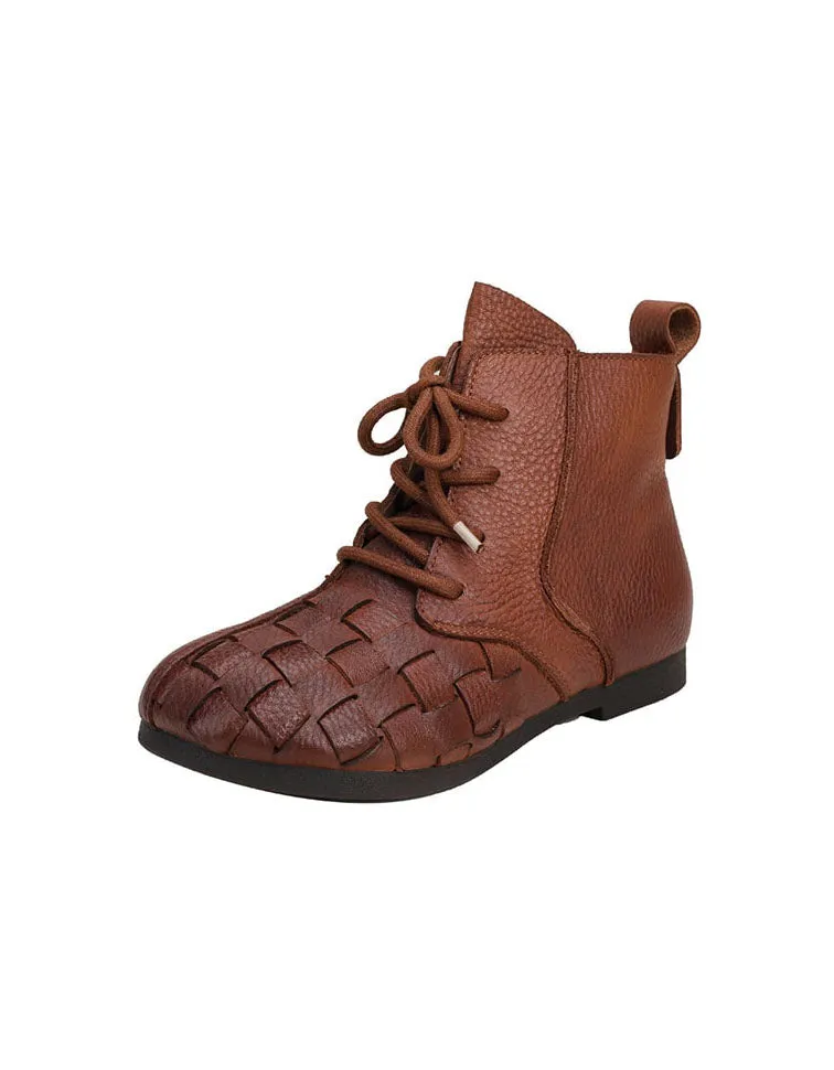 Autumn winter Handmade Retro Leather Woven Ankle Boots