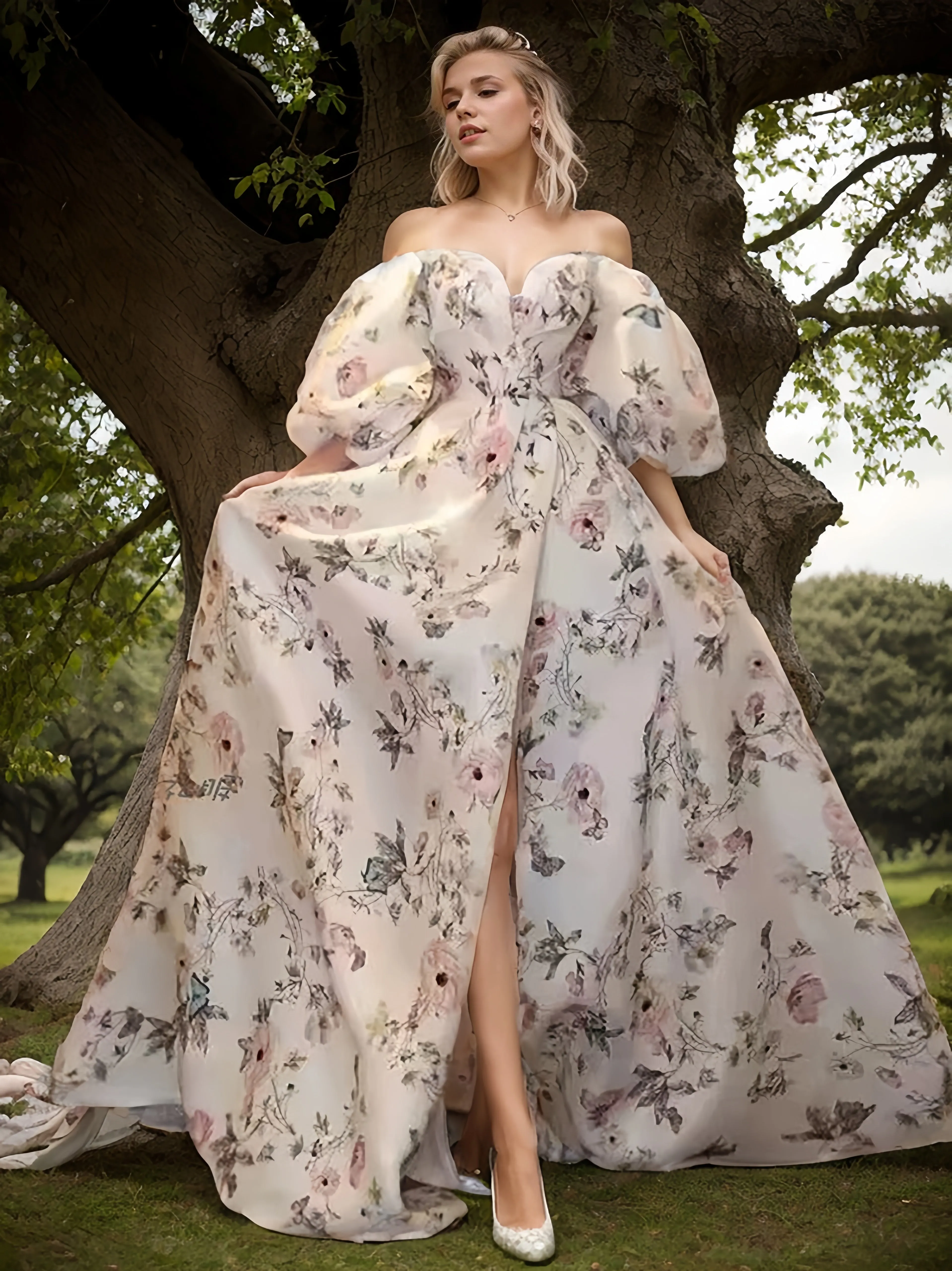 Avera - Sexy floral printed butterfly pattern front-slit bishop sleeves off-the-shoulder Satin Wedding Dress Gown