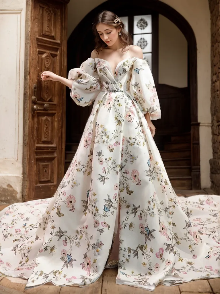 Avera - Sexy floral printed butterfly pattern front-slit bishop sleeves off-the-shoulder Satin Wedding Dress Gown