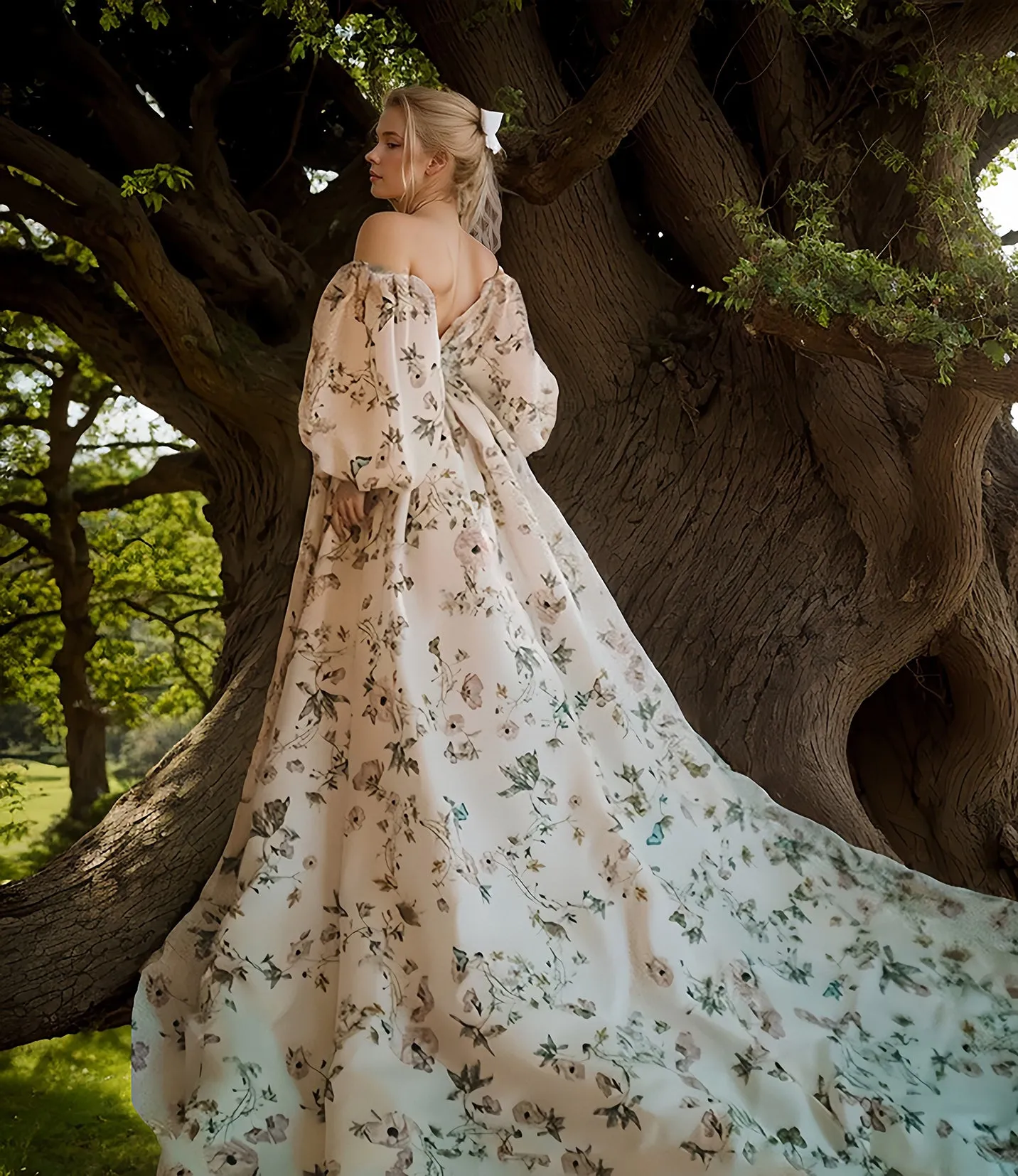 Avera - Sexy floral printed butterfly pattern front-slit bishop sleeves off-the-shoulder Satin Wedding Dress Gown