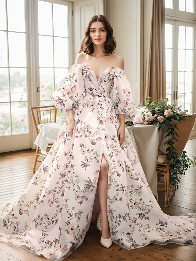 Avera - Sexy floral printed butterfly pattern front-slit bishop sleeves off-the-shoulder Satin Wedding Dress Gown