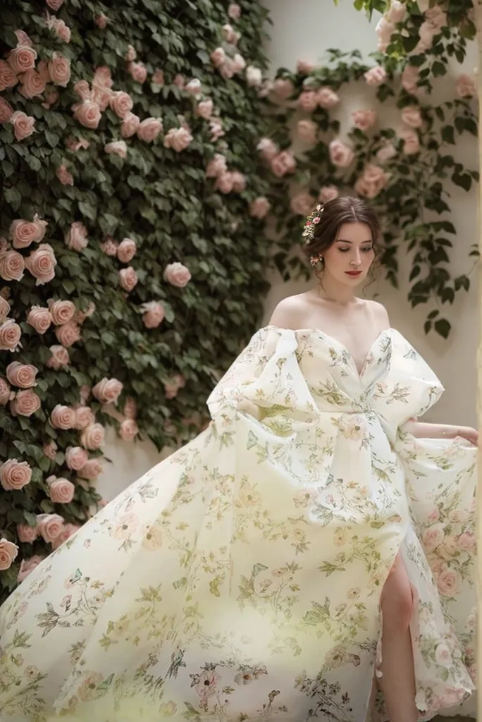 Avera - Sexy floral printed butterfly pattern front-slit bishop sleeves off-the-shoulder Satin Wedding Dress Gown