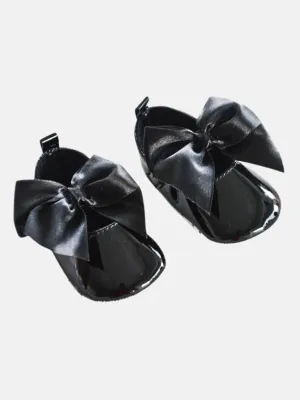 Baby Girl Shiny PU Infant Shoes with Large Satin Bow - Black